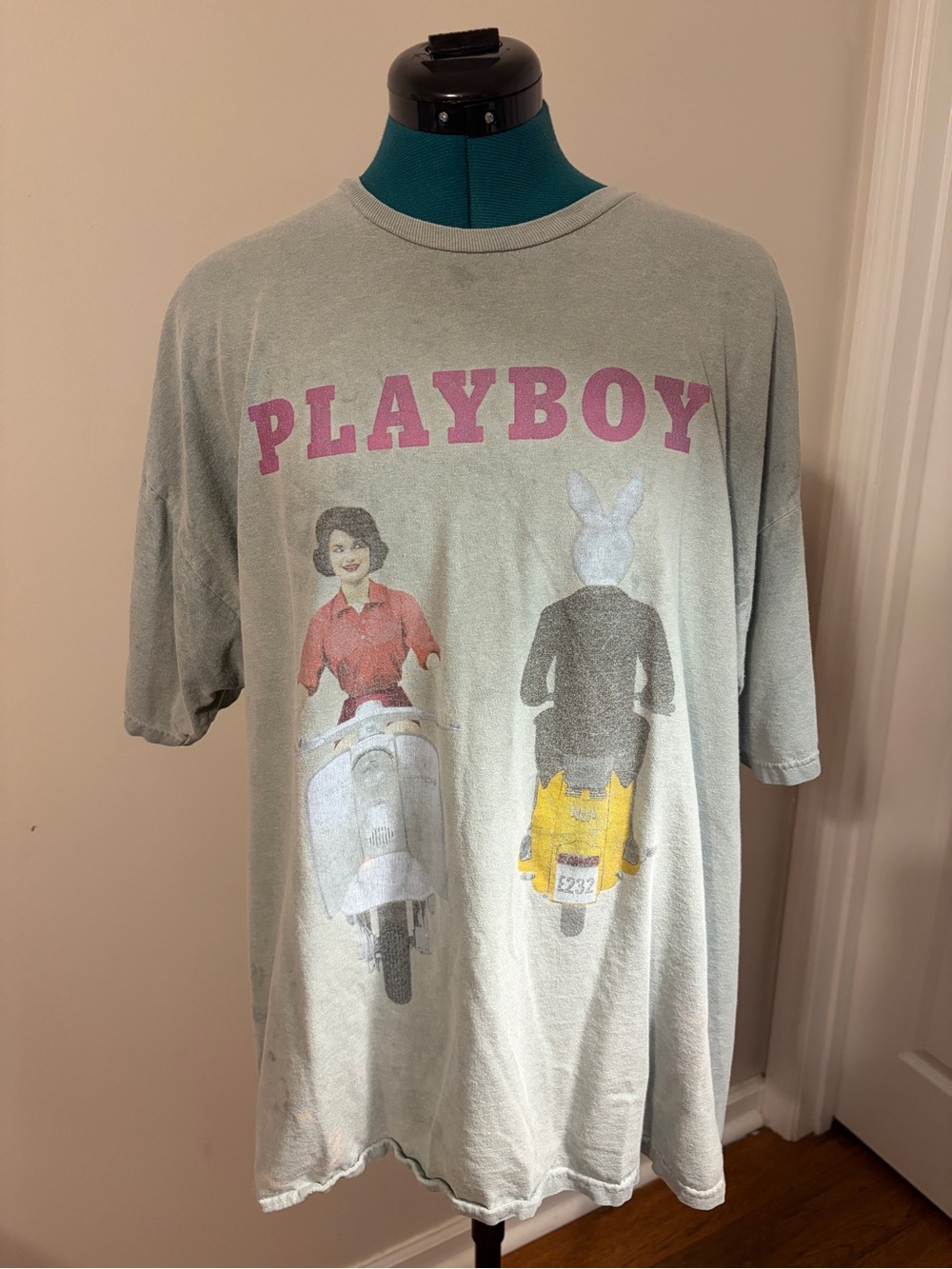 PLAYBOY Light Sage Tee with Pink Logo and Scooter Print